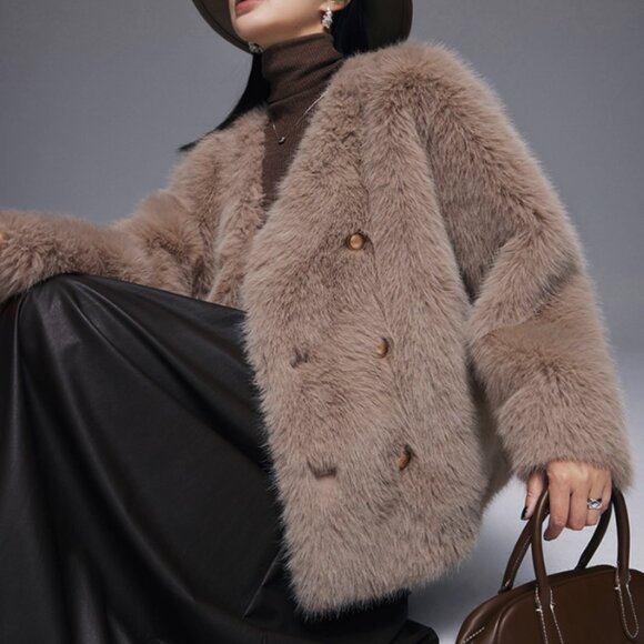 Taupe Faux Fur Double Breasted Crop Coat - Picture 3 of 7